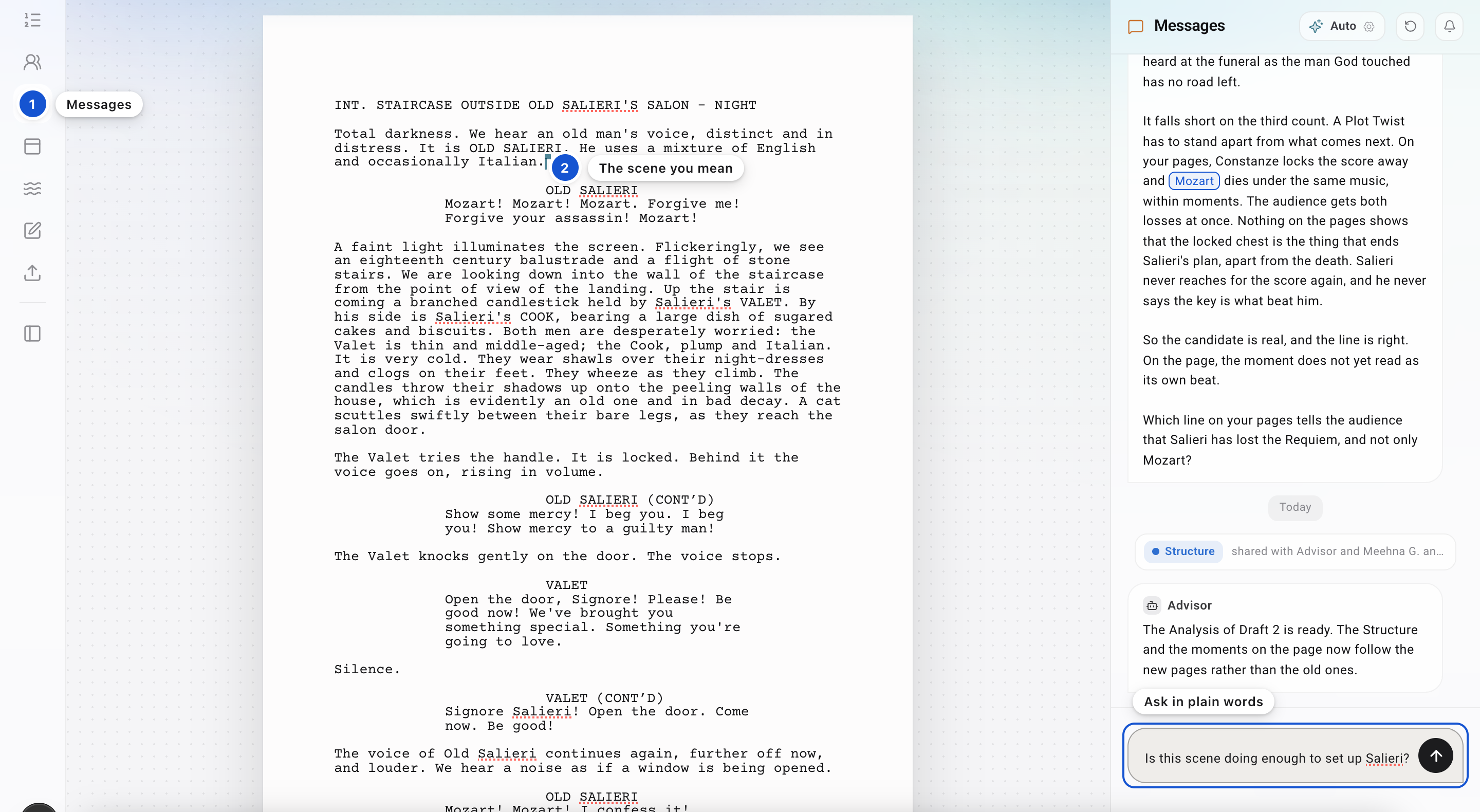 Messages open beside the page, with a question about this scene