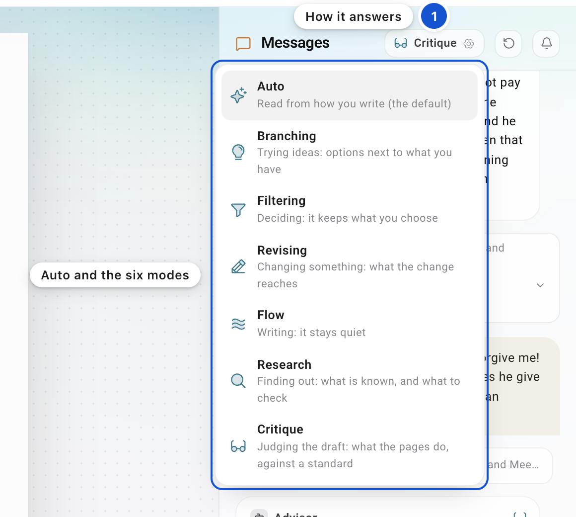 The mode menu: Auto and the six modes