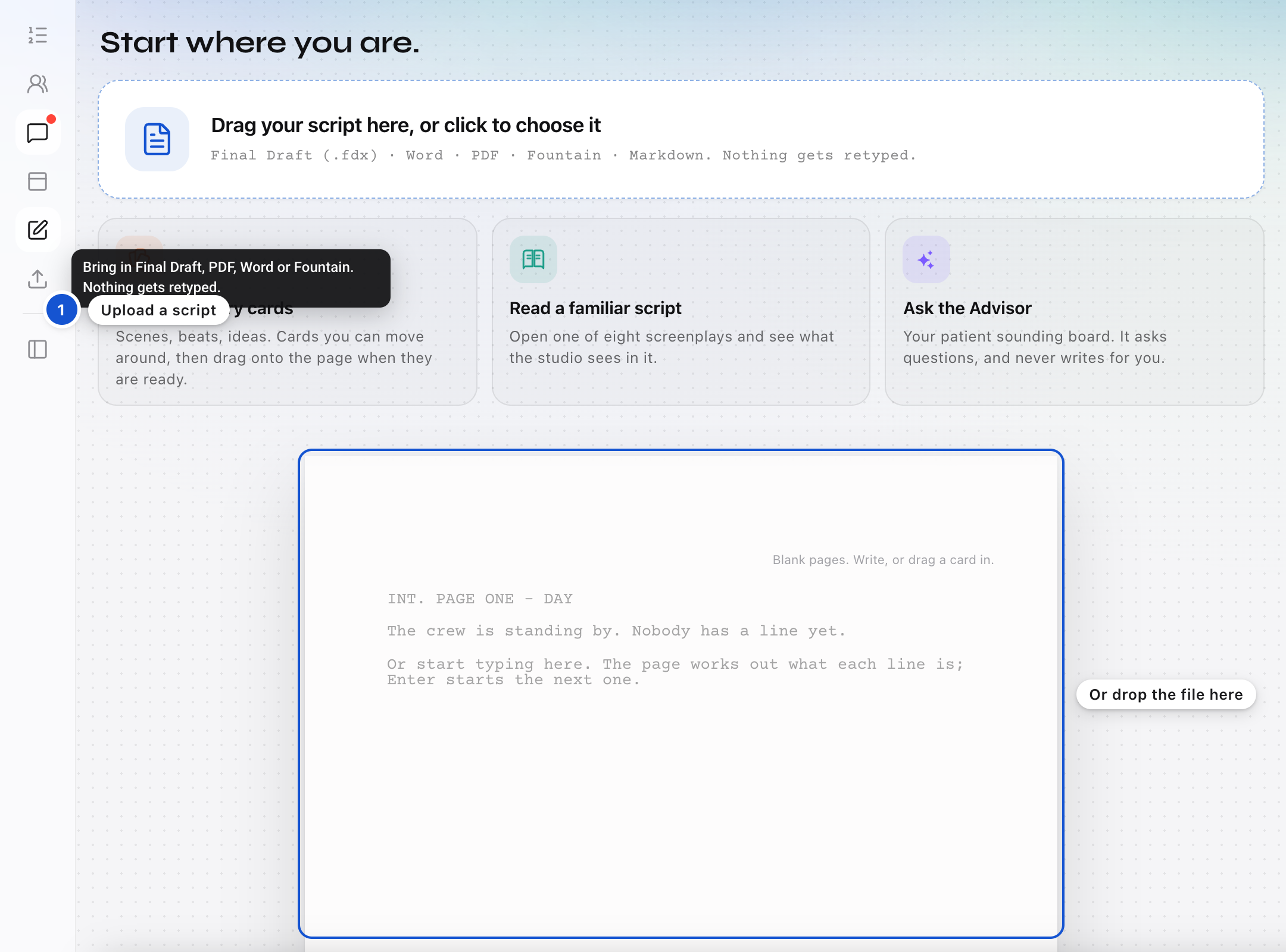 The upload icon in the left strip, with its hover sentence, and the page as a drop area