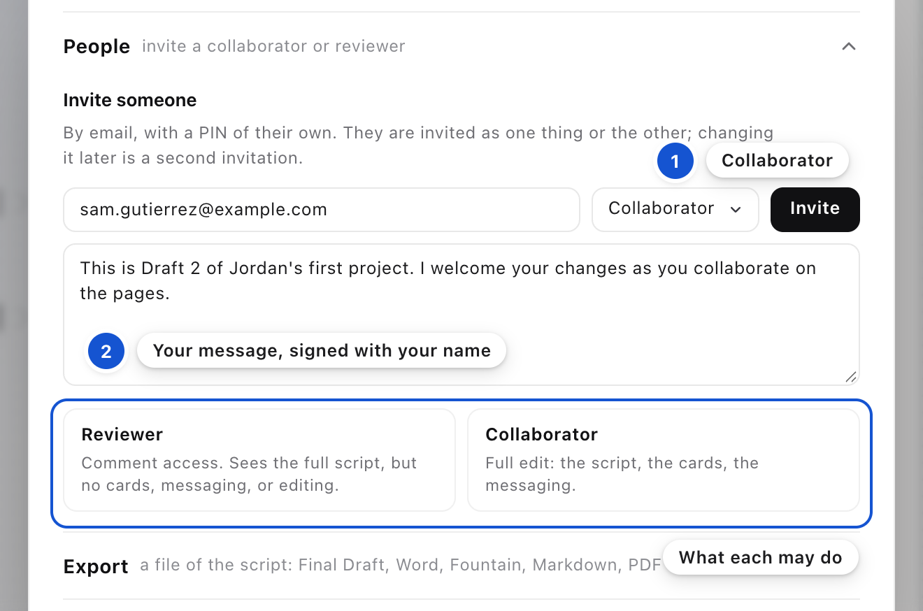 The Invite as menu on Collaborator, and the message