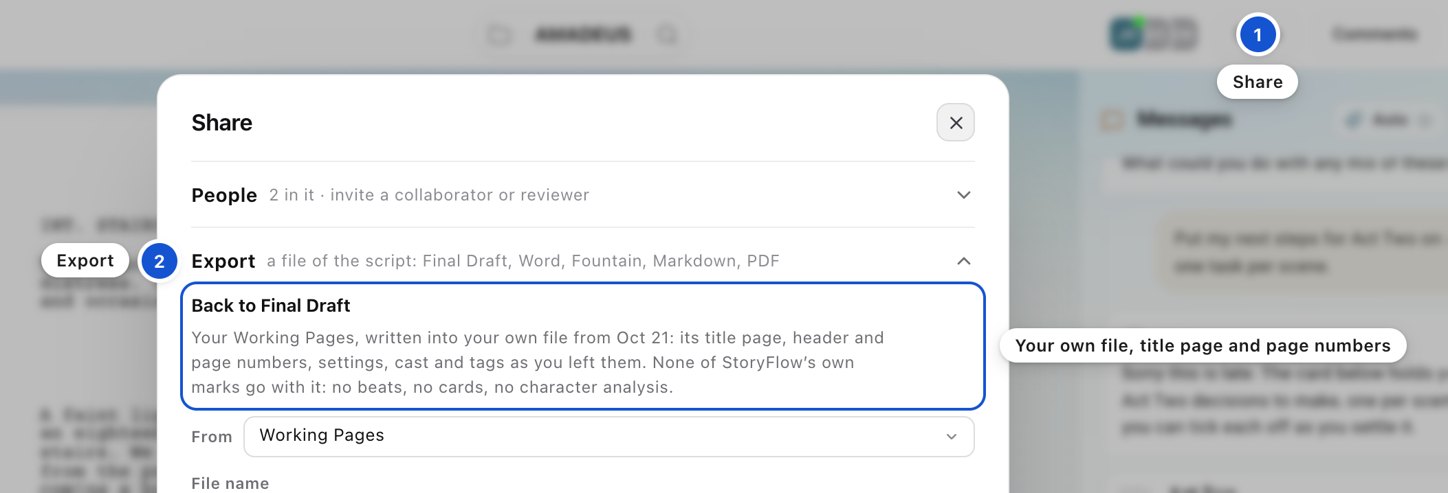 The Share window with Export open, headed Back to Final Draft