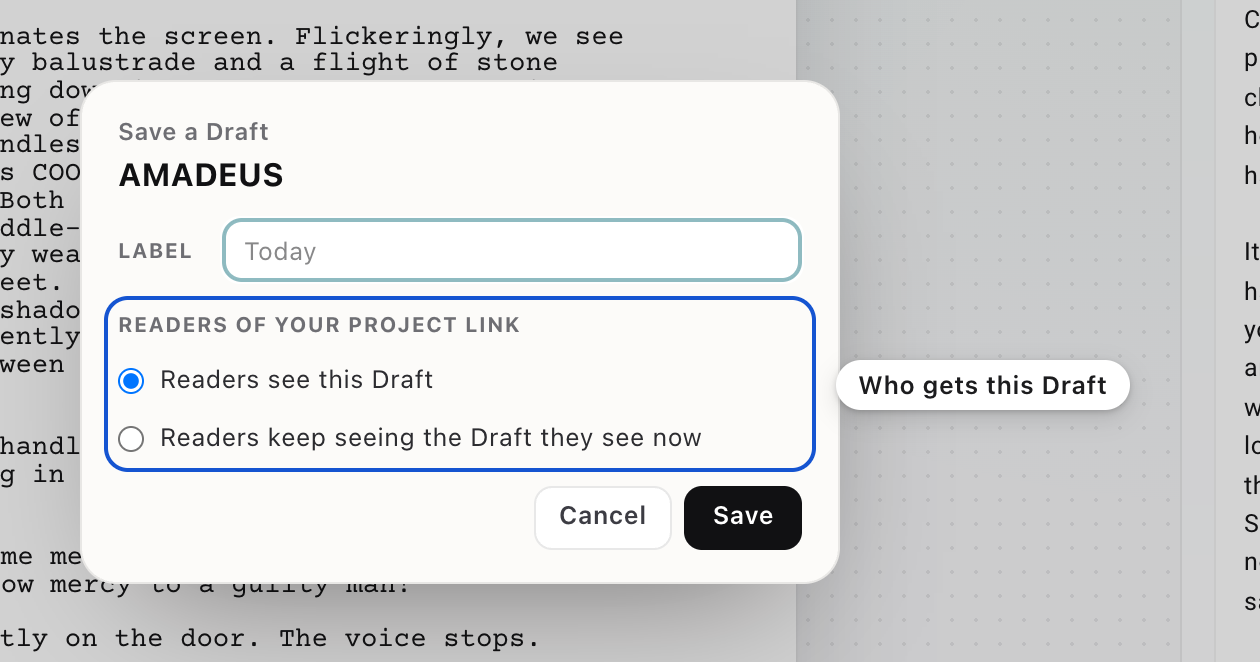 The Save a Draft window, once you have a project link