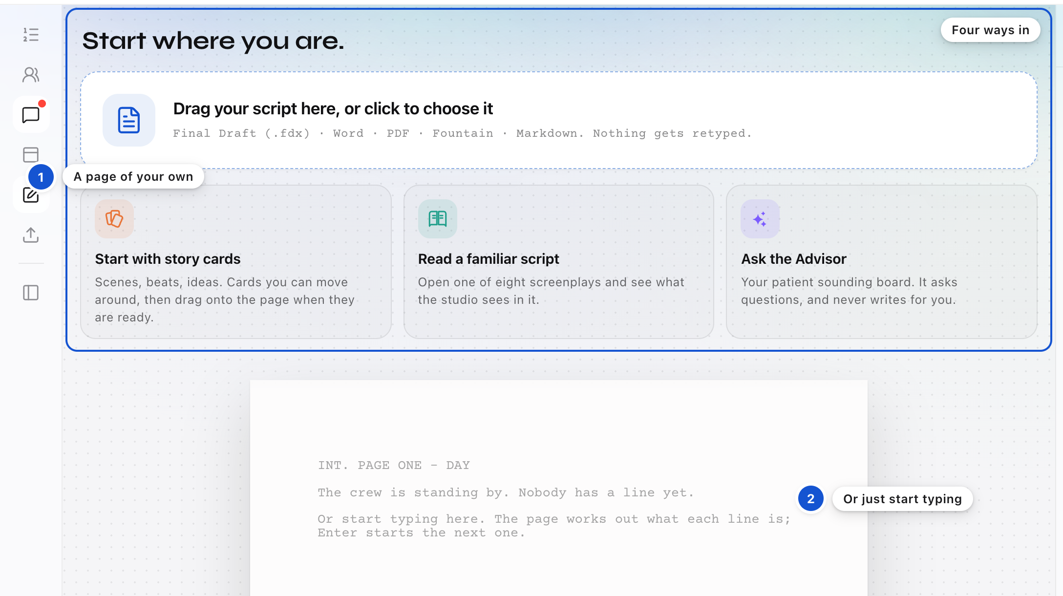 The start screen on a page of your own
